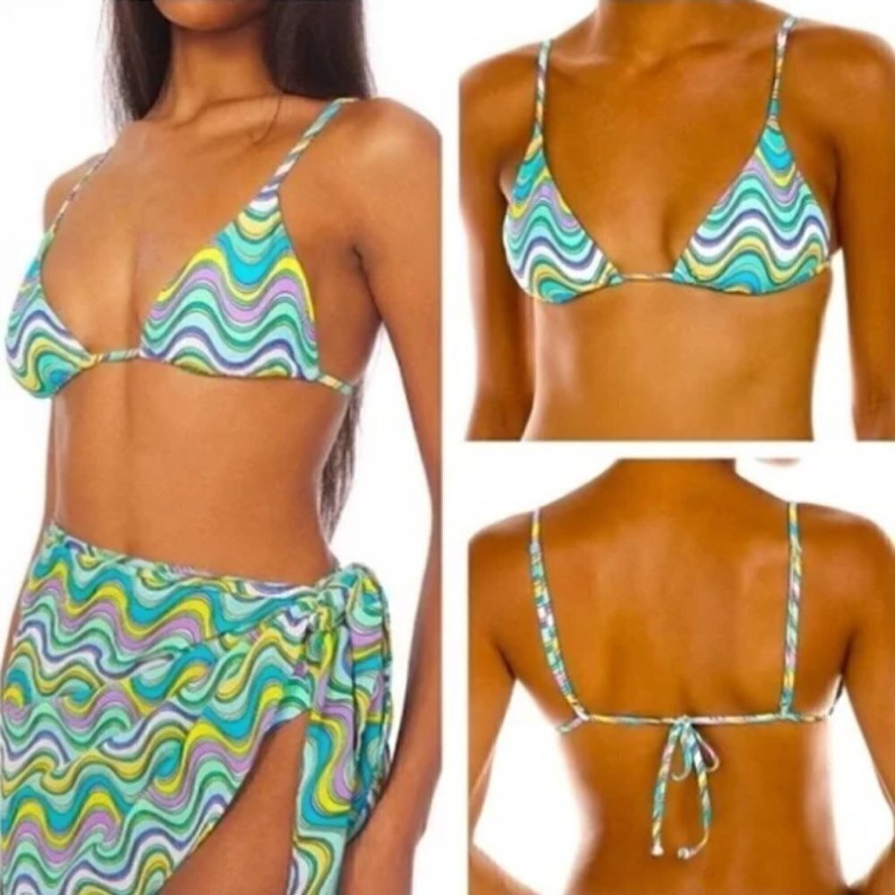 WeWoreWhat 'Cooper' Wavy-Stripe Triangle Bikini Swimsuit Top, Aqua Multicolor